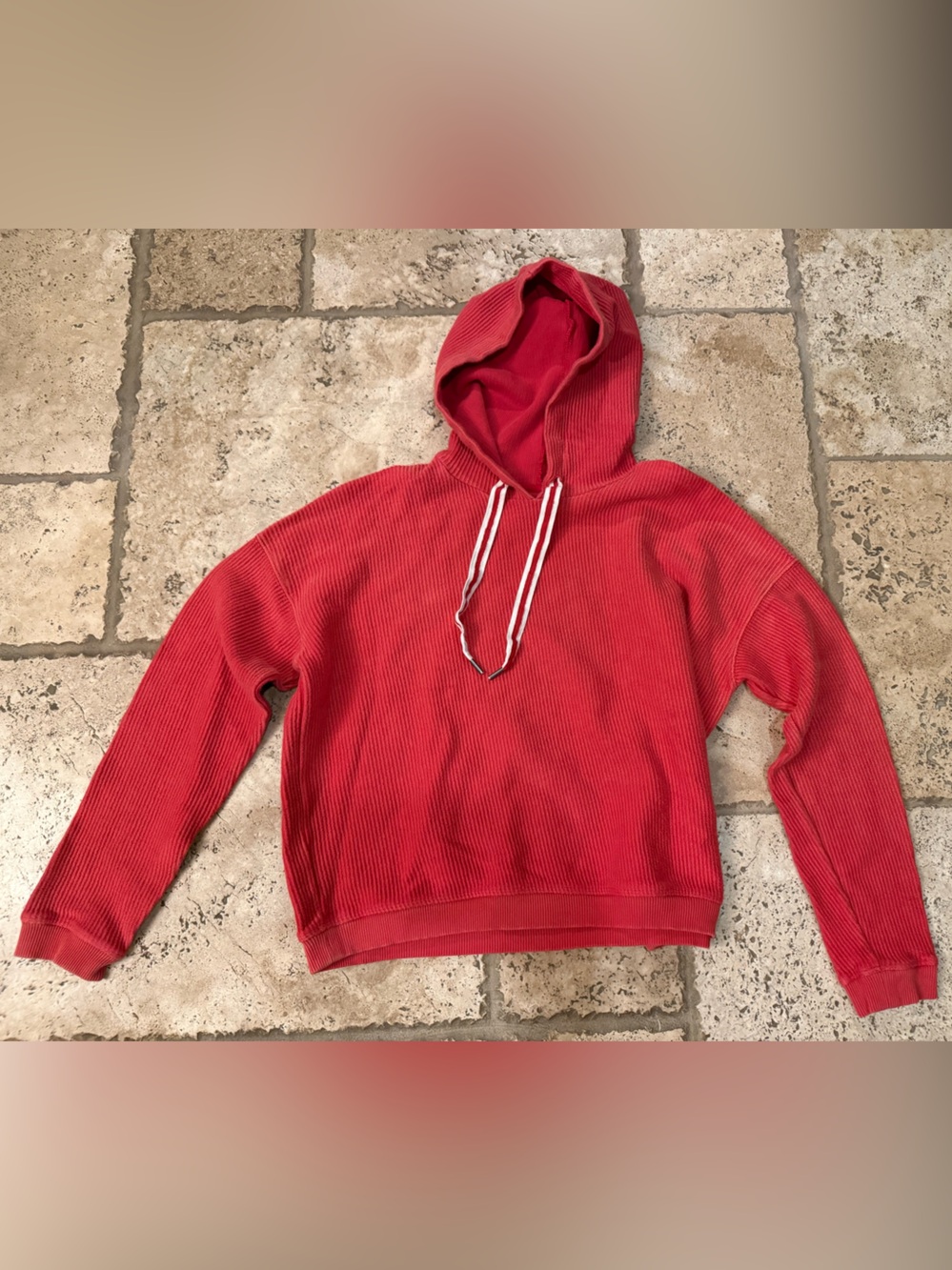aerie Red Ribbed Turtleneck Hoodie Sweater with Contrast Drawcords